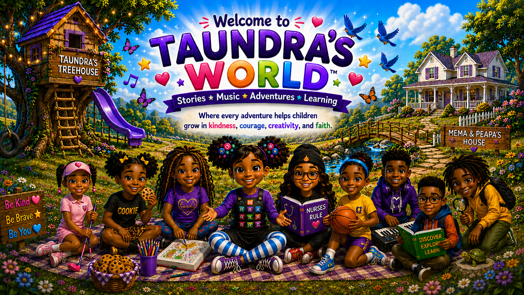 Colorful illustration of children sitting on a blanket in a garden with trees and houses, surrounded by flowers, butterflies, and birds. The children are engaging in activities like reading, drawing, playing with toys, and holding signs with positive messages. The background features a treehouse labeled 'Taundra's Treehouse' and a house labeled 'Mema & Peapa's House.' Bright, cheerful text in the center welcomes viewers to 'Taundra's World,' highlighting stories, music, adventures, and learning for children.
