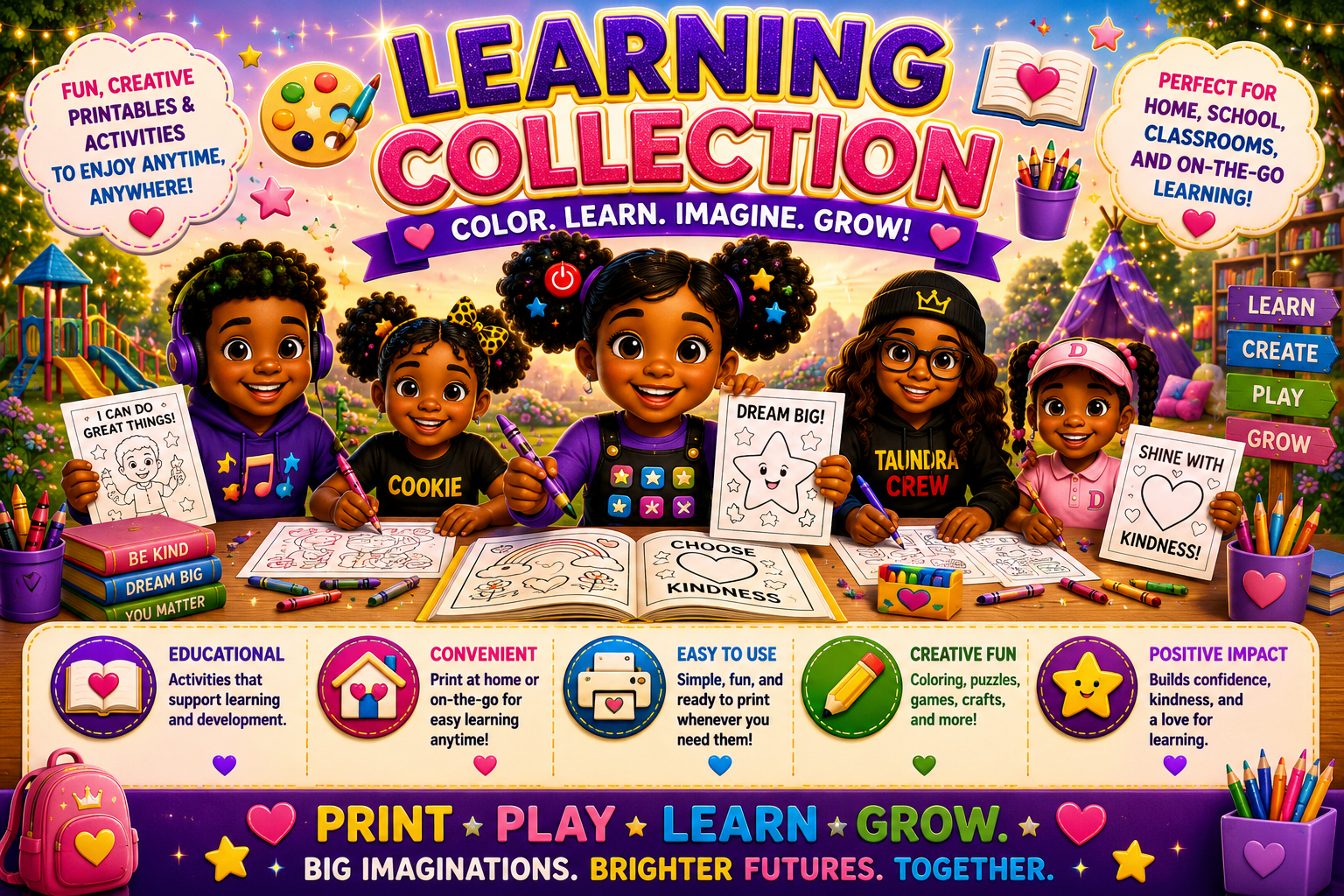 Colorful children's activity kit cover featuring diverse girls engaged in coloring and learning activities outdoors during sunset, with books, crayons, and playful decorations, promoting educational, creative, and positive growth pursuits.