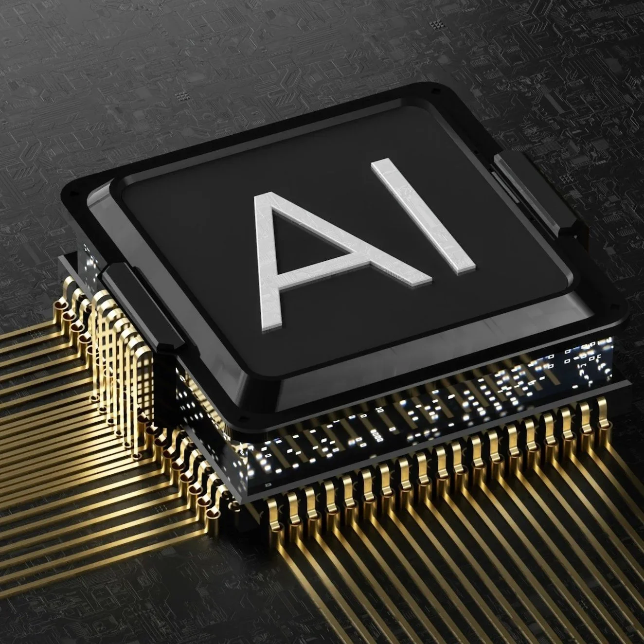 Close-up of a microchip with the letters 'AI' on its surface, surrounded by gold-colored circuit traces.