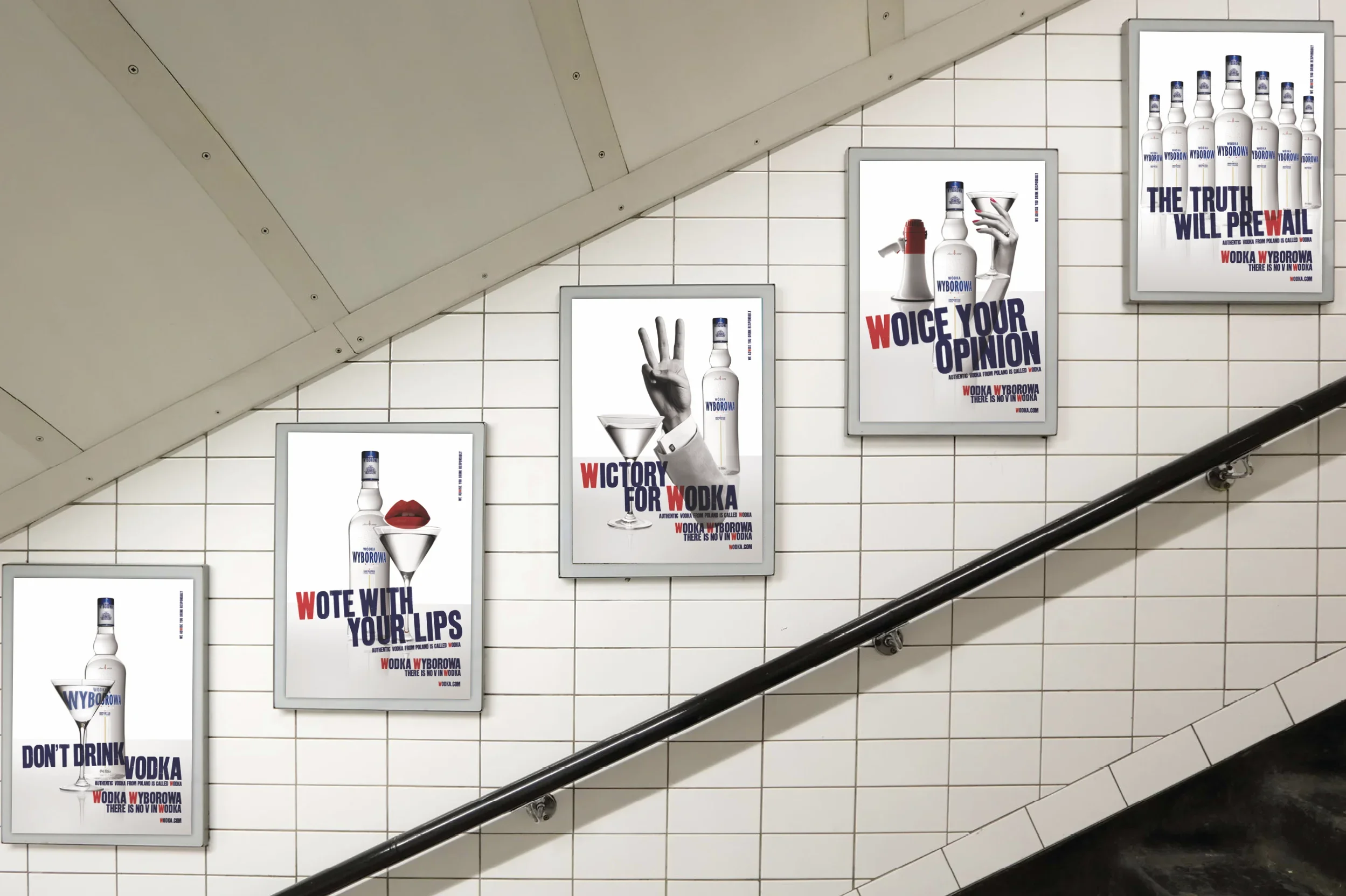 A series of posters on a tiled wall, promoting vodka with slogans like 'Voice Your Opinion', 'Vote With Your Lips', and 'The Truth Will Prevail', each featuring an image of a vodka bottle, a hand holding a martini glass, and a mouth with red lips.