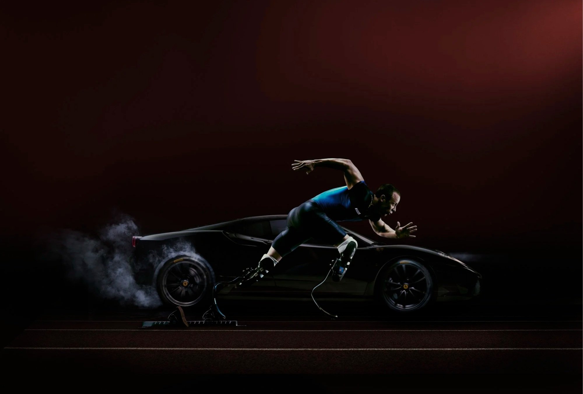A man in athletic gear sprinting on a treadmill connected to a sports car, with smoke around the tires, against a dark background with red lighting.