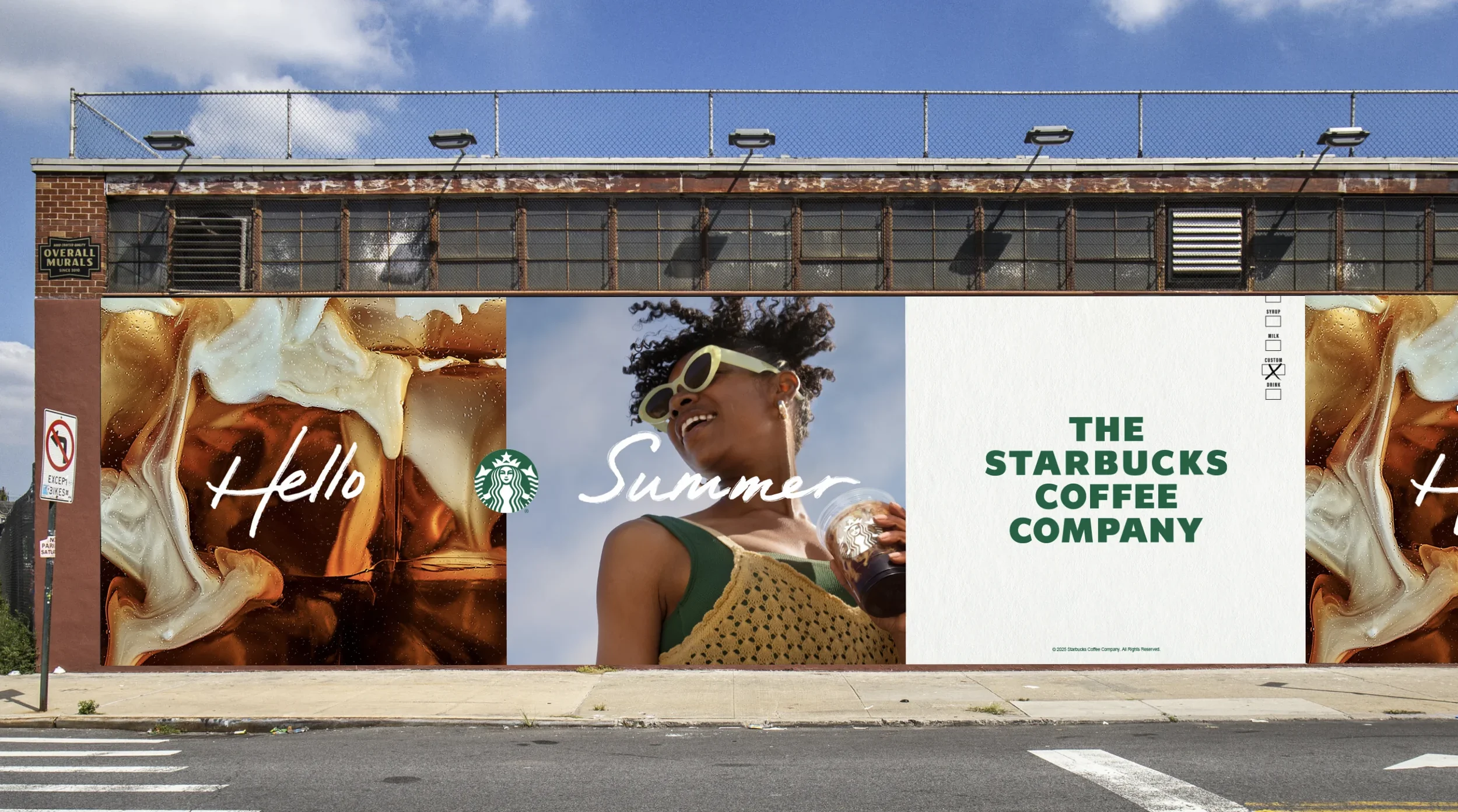 Billboard advertisement for Starbucks Coffee Company featuring a woman smiling with sunglasses, holding an ice cream cone, with a large image of coffee with cream and caramel swirls, and text that reads 'Hello Summer' and 'The Starbucks Coffee Company'.