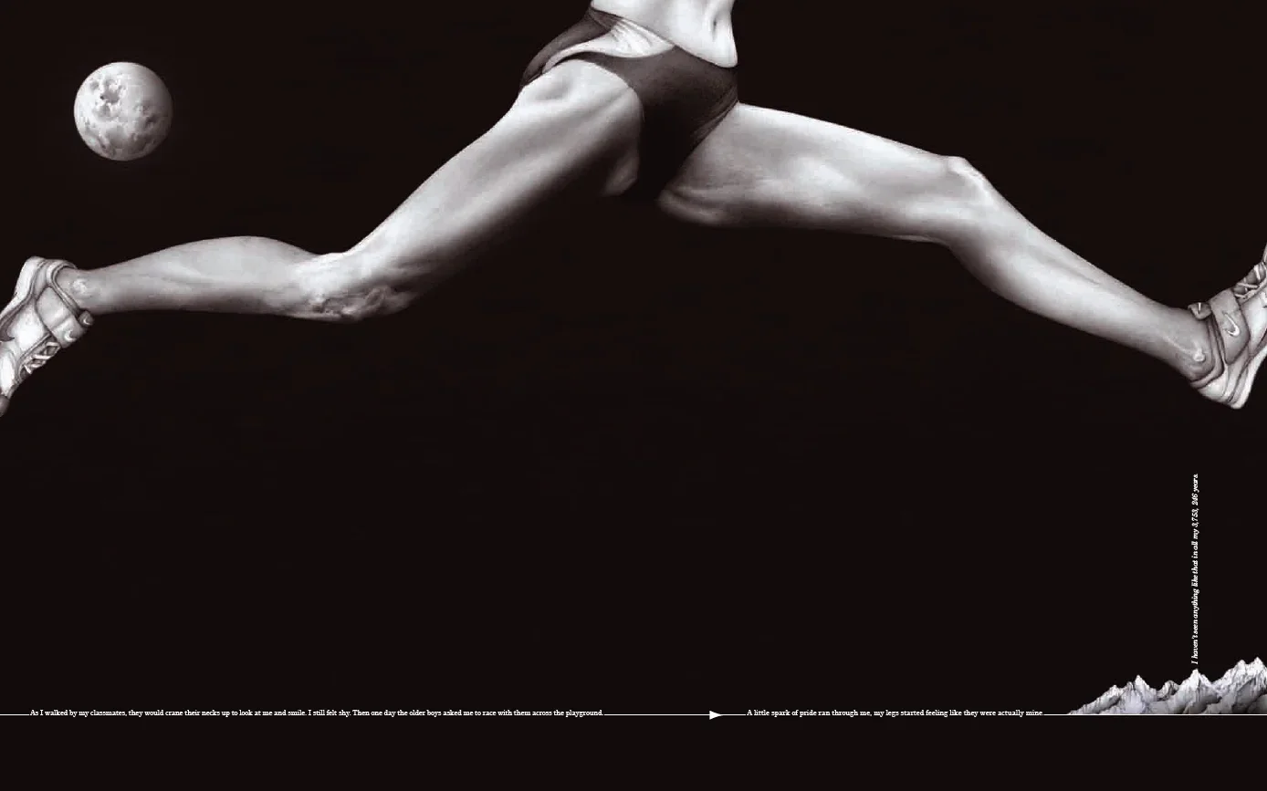 A black-and-white image of a person performing a wide split jump with a moon in the background. The person's legs are extended sideways, and they are wearing athletic shoes. There is a quote and a drawing of mountains at the bottom. Nike. Athlete.