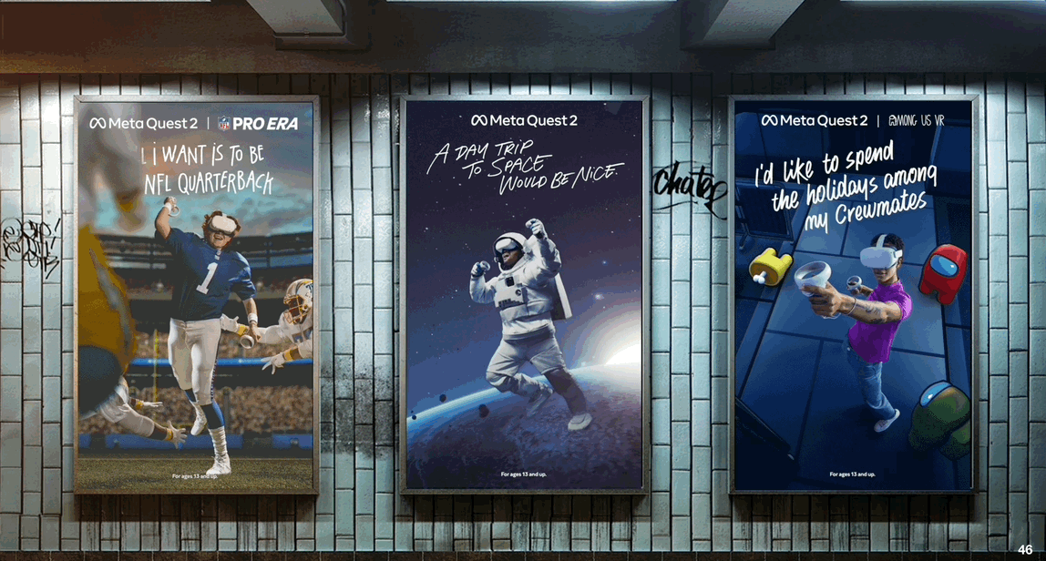 Three digital posters advertising Meta Quest 2 virtual reality experiences. The first shows a football player with the text "I want is to be NFL quarterback." The second shows an astronaut in space with the text "A day trip to space would be nice." The third shows a person with VR controllers surrounded by Among Us characters with the text "I'd like to spend the holidays among my crewmates."