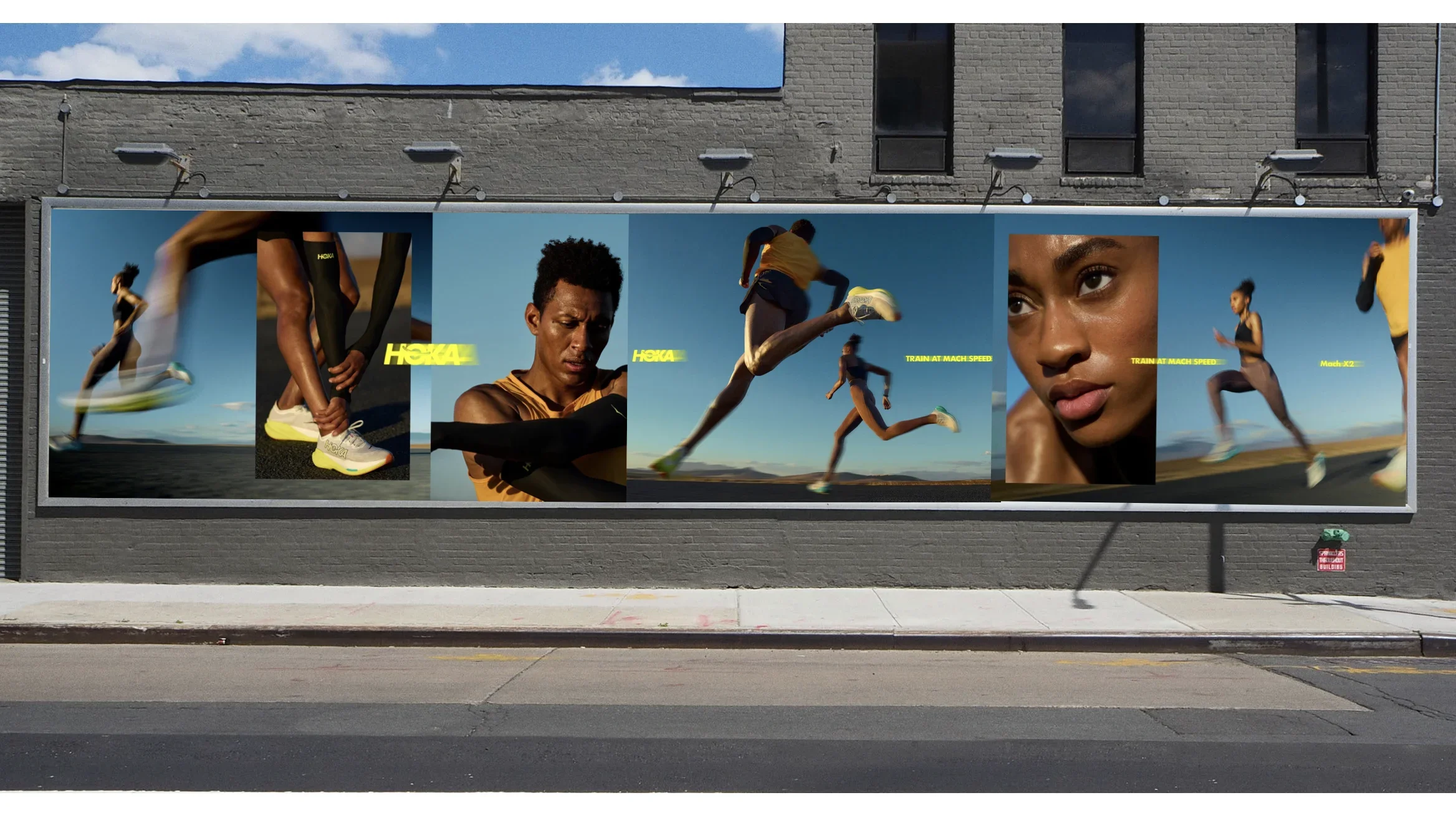 A large outdoor billboard featuring a collage of athletic images of a woman running, jumping, and stretching, with close-up shots of her face and legs, promoting Hoka running shoes and training at Mach Speed.