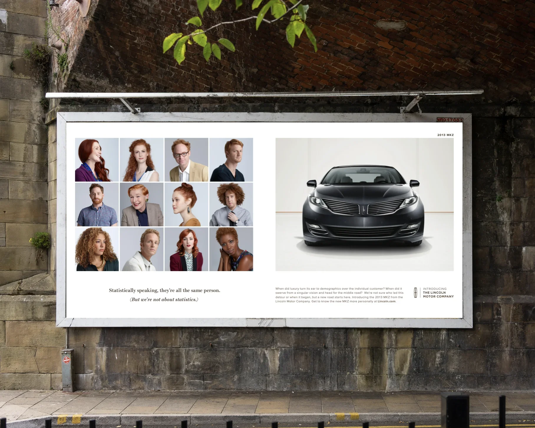 A billboard advertisement featuring headshots of diverse people on the left side and a black Lincoln MKZ car on the right side, with text about demographics and the Lincoln Motor Company. Advertising. Producer. Miranda Kendrick. 