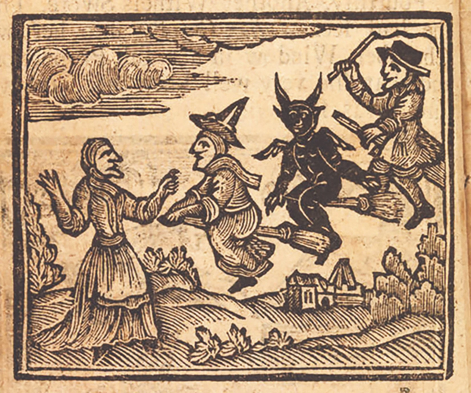 An old woodcut illustration of a man and a woman in conversation in a rural landscape with three flying demon-like figures nearby, one of which has wings and horns.