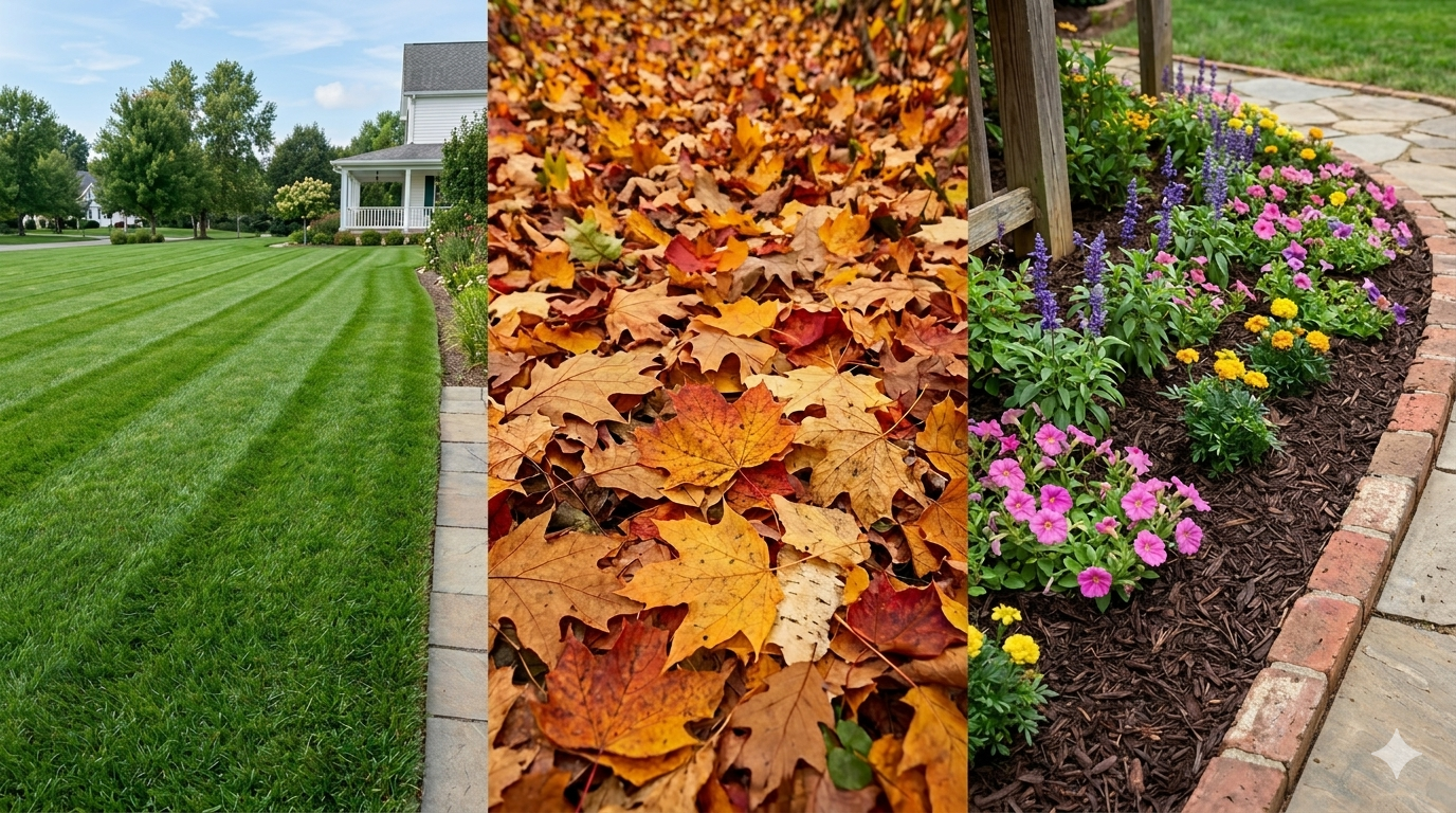 Three sections: a neatly mowed green lawn with a white house and trees in the background, a close-up of colorful fallen autumn leaves on the ground, and a flower bed with pink, purple, and yellow flowers along a brick border.