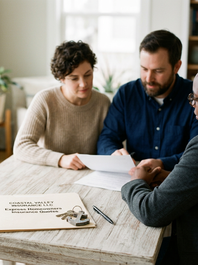 Clients and insurance agent at a driftwood closing table with nautical house keys representing fast homeowners insurance quotes by Coastal Valley Insurance LLC