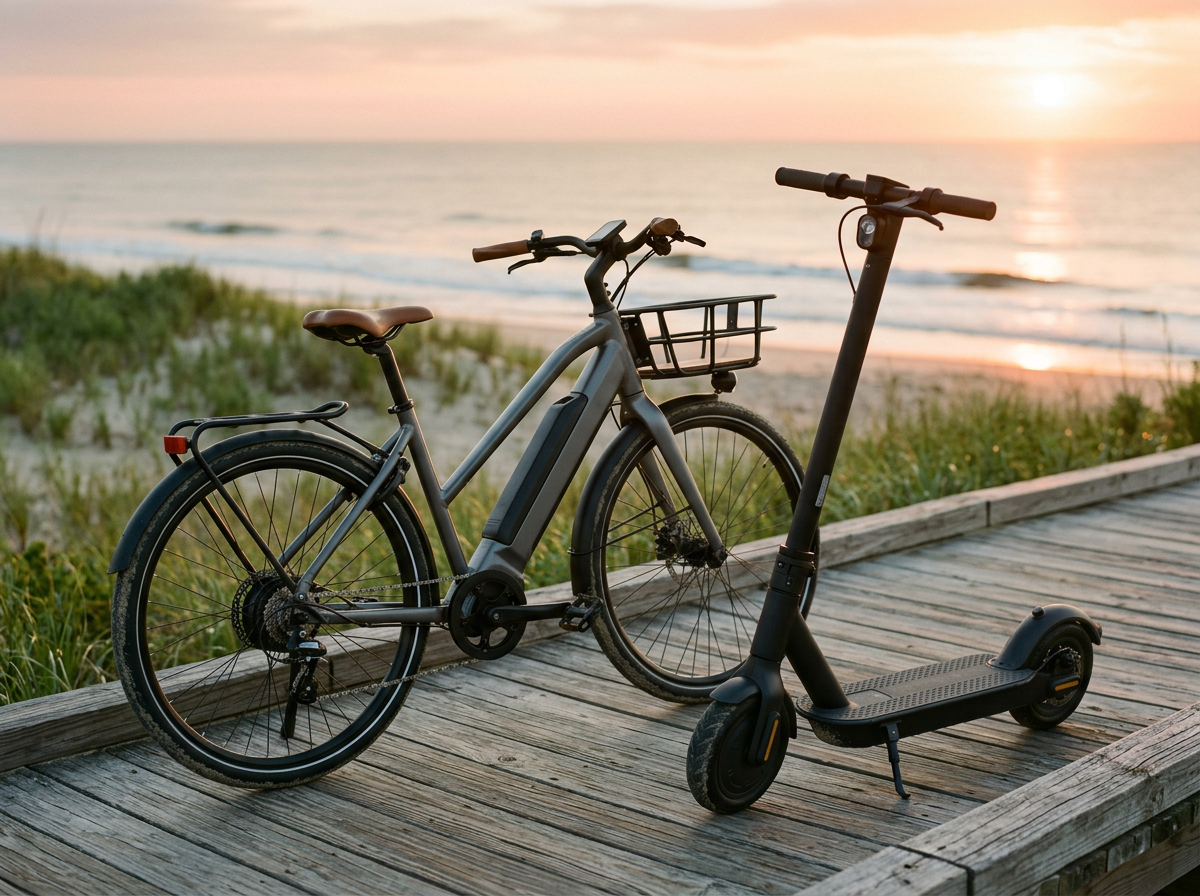Modern electric bicycle and e-scooter parked on a coastal boardwalk representing specialized Virginia e-bike, scooter, and moped insurance by Coastal Valley Insurance LLC