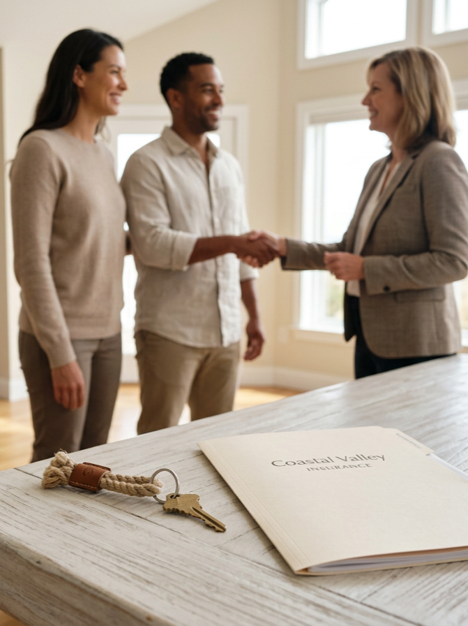 Clients at a driftwood table with keys representing express turnaround times and fast insurance quotes for auto, home, business insurance needs by Coastal Valley Insurance LLC