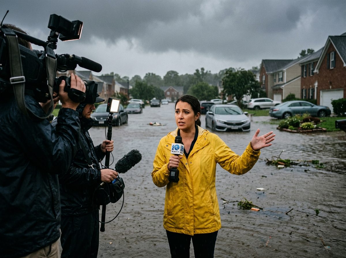 A local television news reporter broadcasting live during a severe, unexpected ground-up coastal storm surge flood in Virginia.