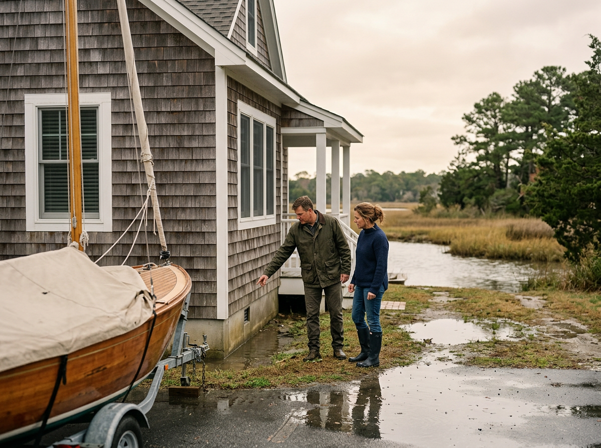 A concerned couple inspecting their home foundation after a heavy rainstorm, identifying property vulnerabilities and checking for insurance policy gaps.