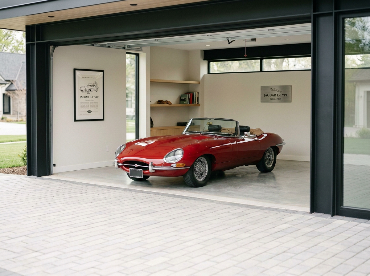 A pristine cherry red antique convertible car inside a custom showroom garage representing specialized Agreed Value classic car insurance by Coastal Valley Insurance LLC