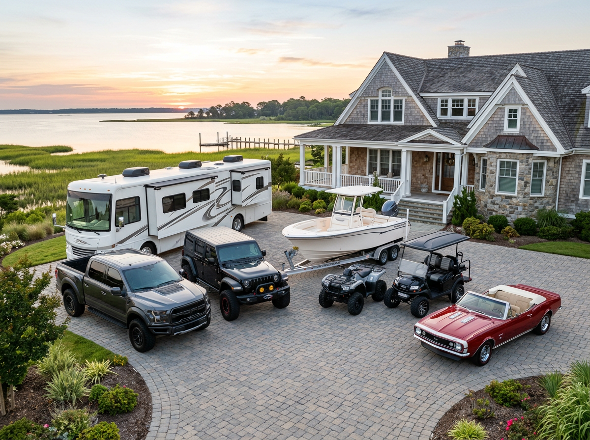 A collection of an antique car, boat, RV, and ATV bundled together in a driveway representing multi-policy vehicle insurance discounts from Coastal Valley Insurance LLC
