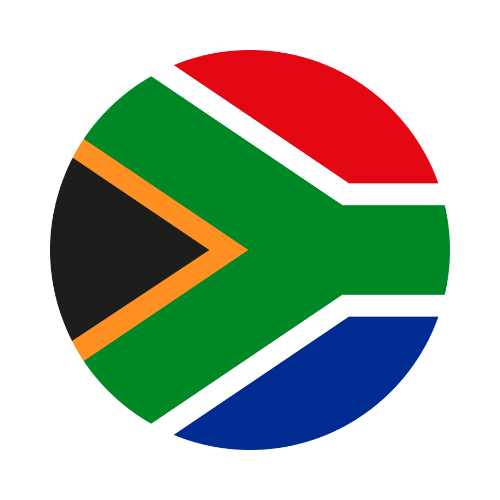 A circular icon featuring the South African flag with green, black, yellow, white, red, and blue colors.