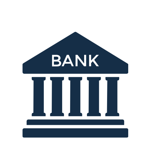 Icon of a bank building with columns and the word 'BANK' on the pediment.