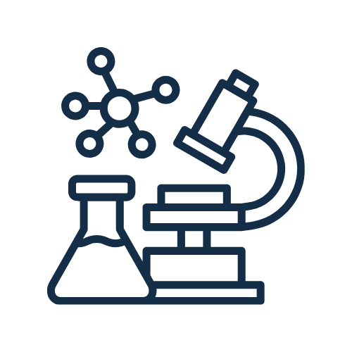 Simple line drawing of a microscope, a molecule, and a flask, representing scientific research or laboratory work.