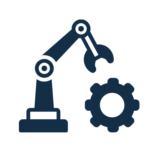 Icon of a robotic arm assembling a gear.