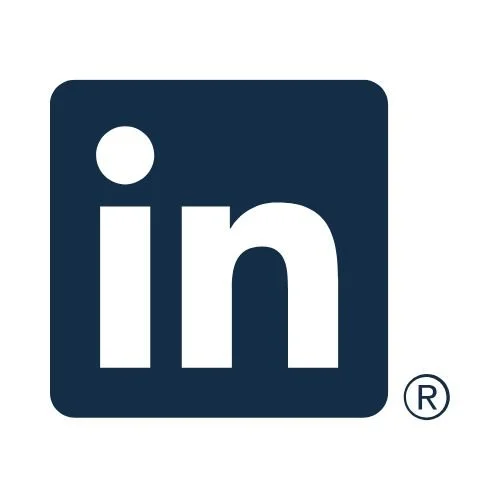 LinkedIn logo with white letters 'in' on a dark blue square background and a registered trademark symbol.
