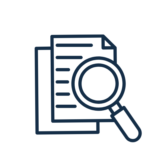 Icon of a document with a magnifying glass, symbolizing search or review of files.