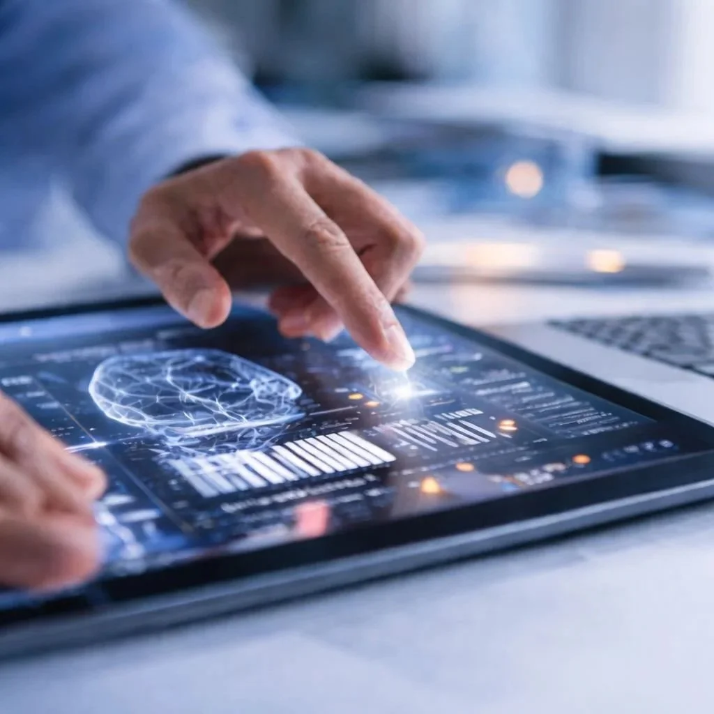 Person interacting with a touchscreen tablet displaying brain scans and data in a high-tech setting.