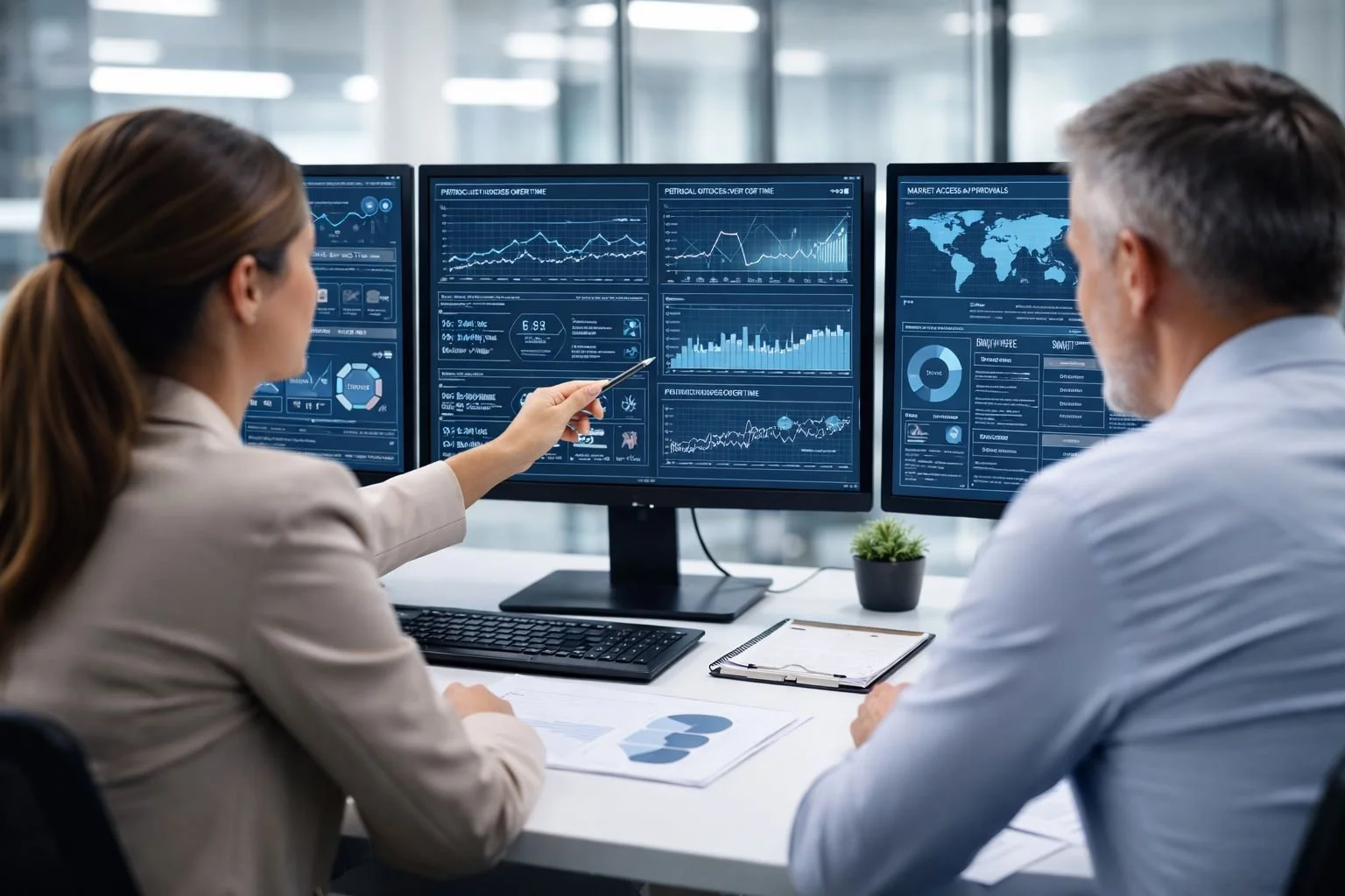 Two professionals, a woman and a man, analyzing financial or data charts displayed on three computer monitors in an office.