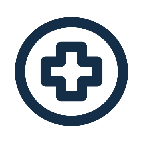 Medical cross icon inside a circle on a black background.