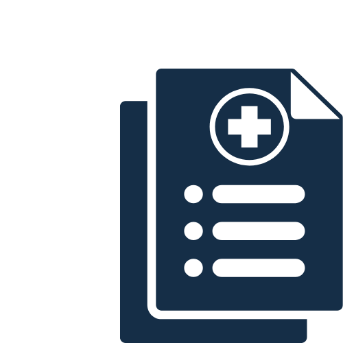 Icon of a medical report with a cross symbol on top.
