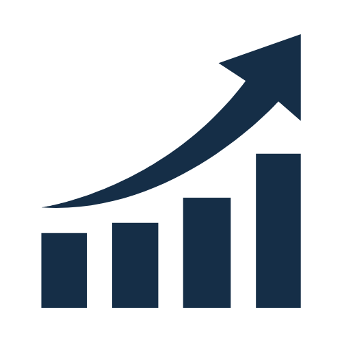 A bar chart with four bars increasing in height, and an upward arrow indicating growth or progress.