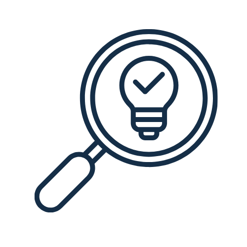 Magnifying glass with a light bulb and checkmark inside, symbolizing ideas or innovation.