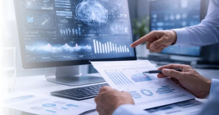 Two professionals in a business setting analyze data and charts on paper and a digital screen, including various graphs and a brain scan image.