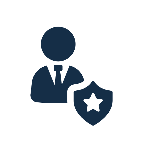 Icon of a person in a suit holding a shield with a star, representing security or protection.