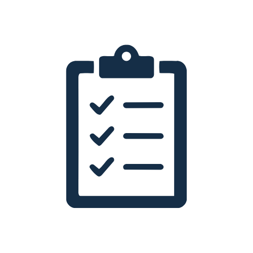 Icon of a clipboard with checkmarks on a black background.