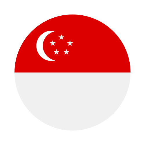 A circular icon resembling the national flag of Singapore, with a red upper half featuring a white crescent moon and five stars, and a white lower half.