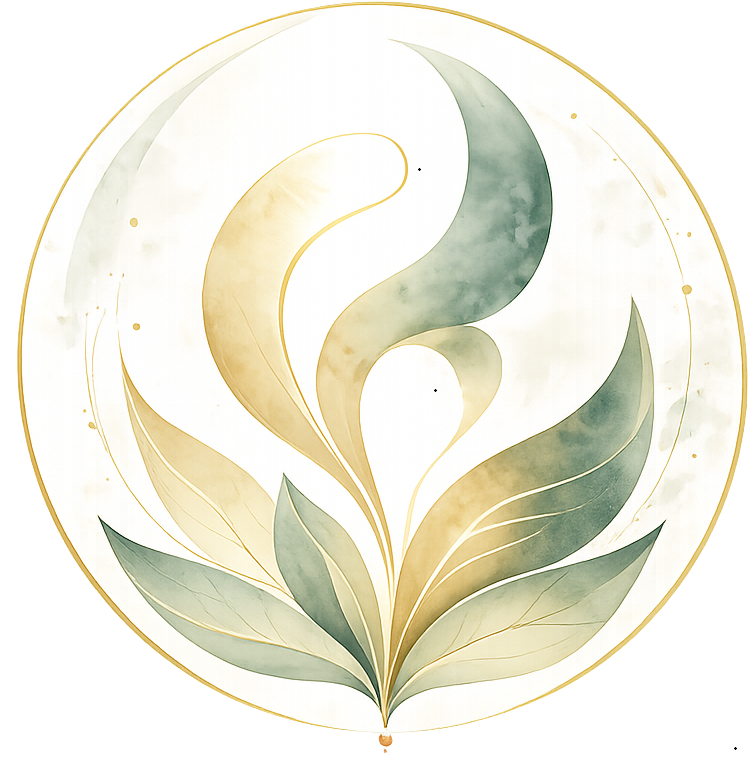 Illustration d'une lune et de feuilles stylisées dans des tons subtils de vert, beige et doré, entourée d'un cercle doré.