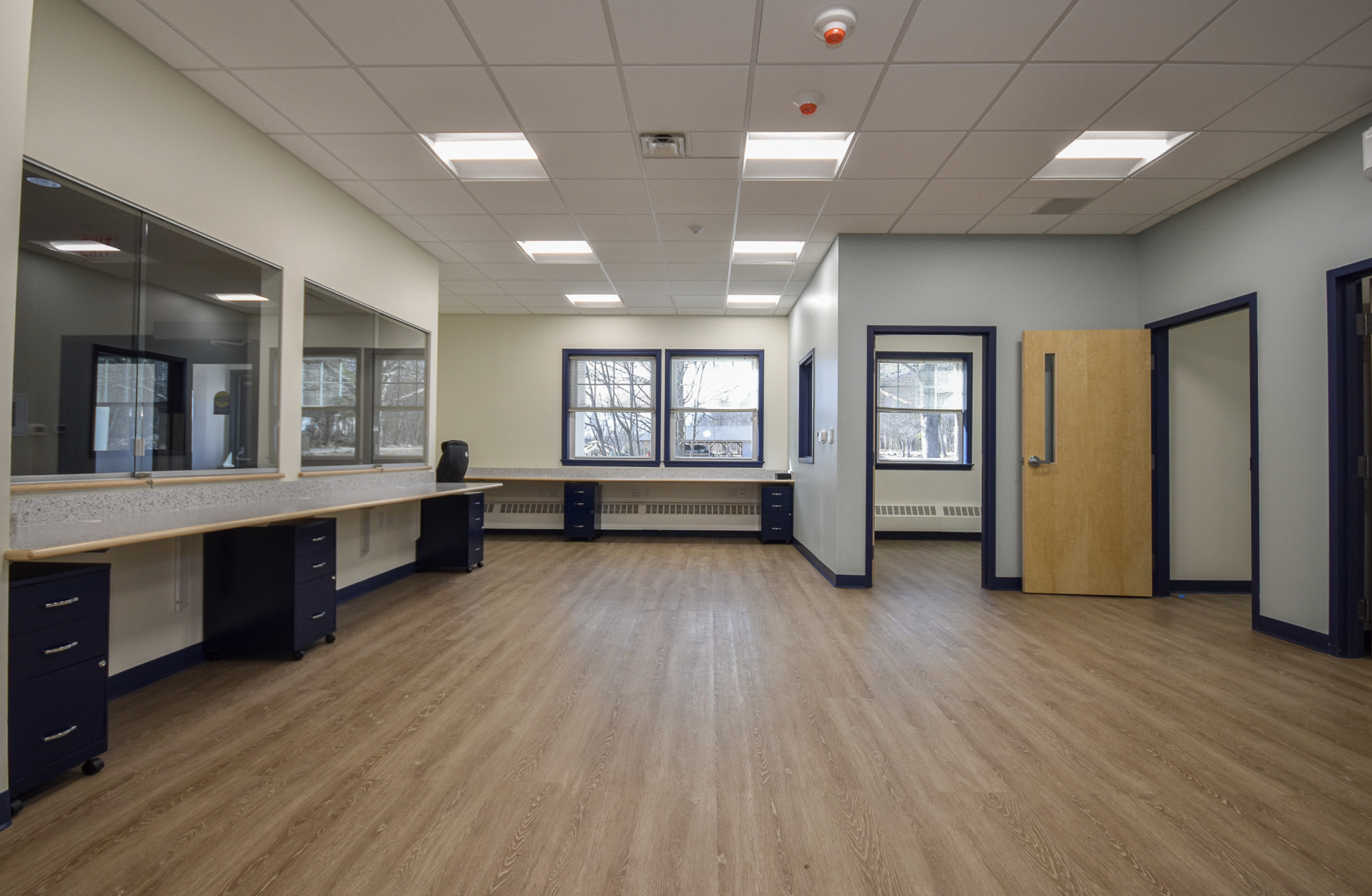 Empty room with wood flooring, light-colored walls, multiple windows, and ceiling lights.