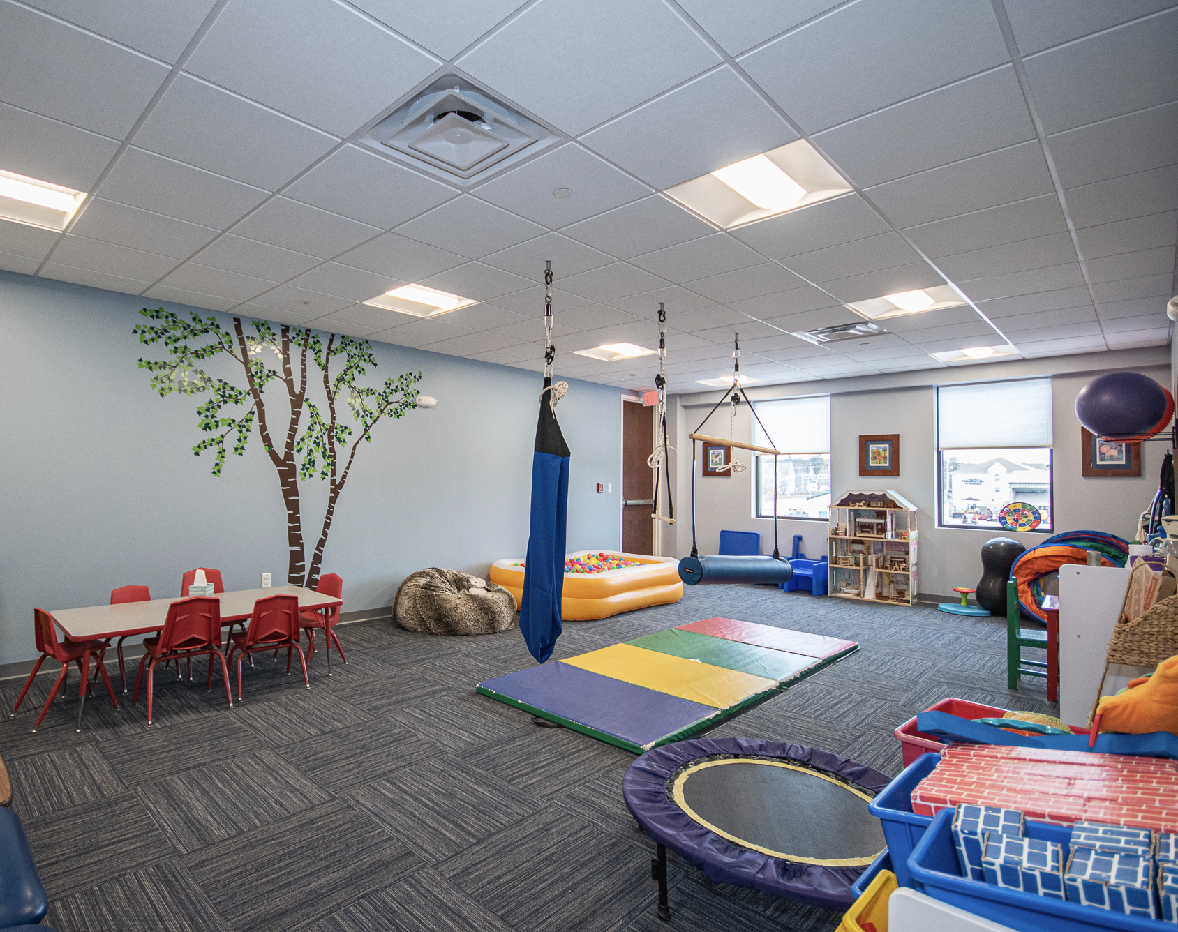 Indoor children's playroom with various play and activity equipment, including a small trampoline, foam mats, a ball pit, swings, a climbing structure, and toys, with a mural of a tree on the wall and windows letting in natural light.