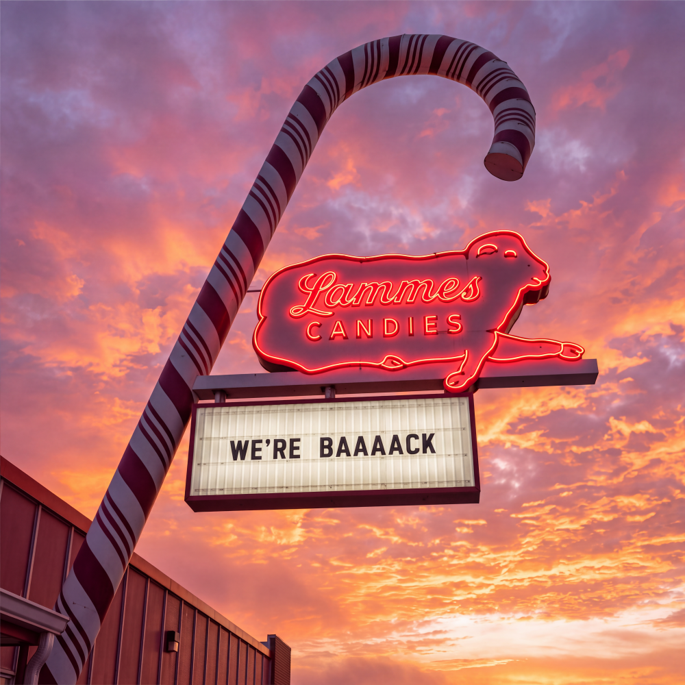 Lammes Candies sign ("We're baaaack")