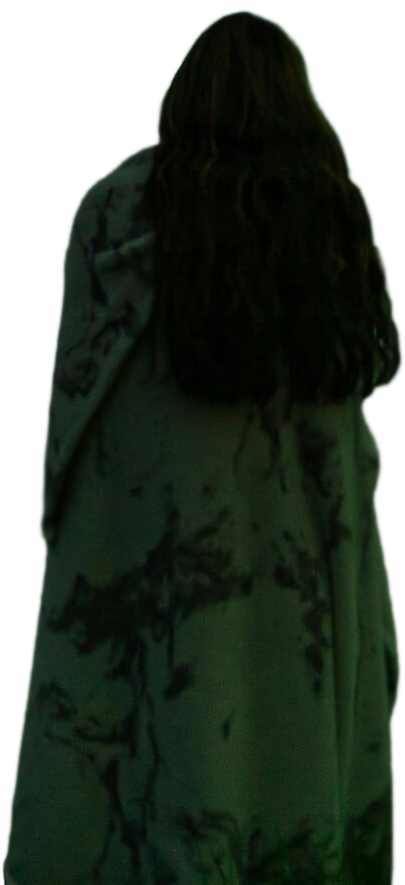 Person with long, dark, wavy hair wearing a large, loose, green tie-dye hoodie.