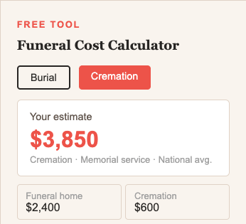 Leo funeral cost calculator showing cremation and burial cost estimates