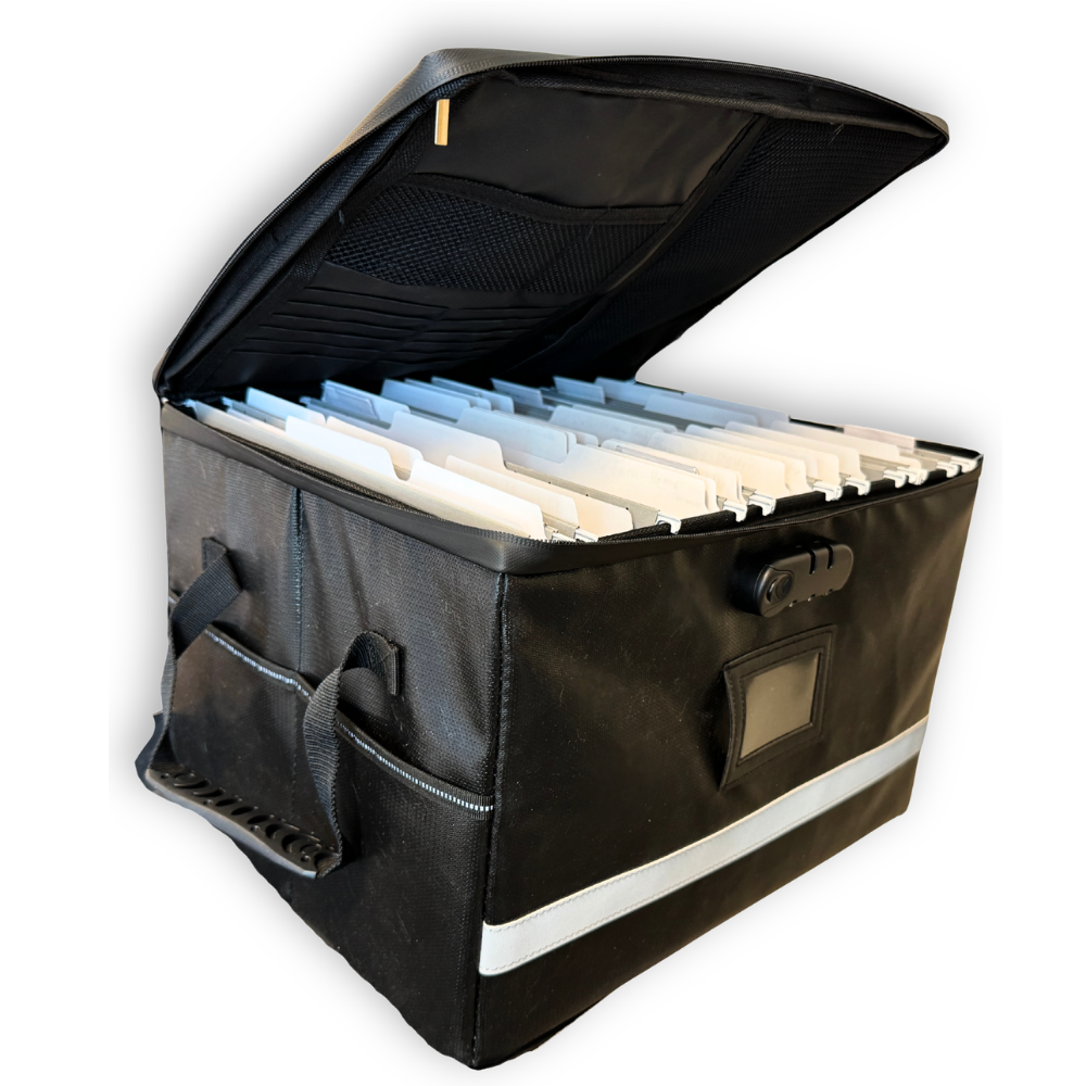 A black carrying case with an open lid, filled with organized file folders.