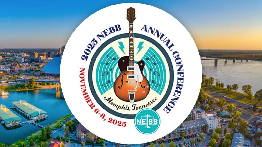 Logo for the 2025 NEBB annual conference in Memphis, Tennessee, featuring a guitar, two microphones, and musical notes, with a background of Memphis cityscape at sunset.