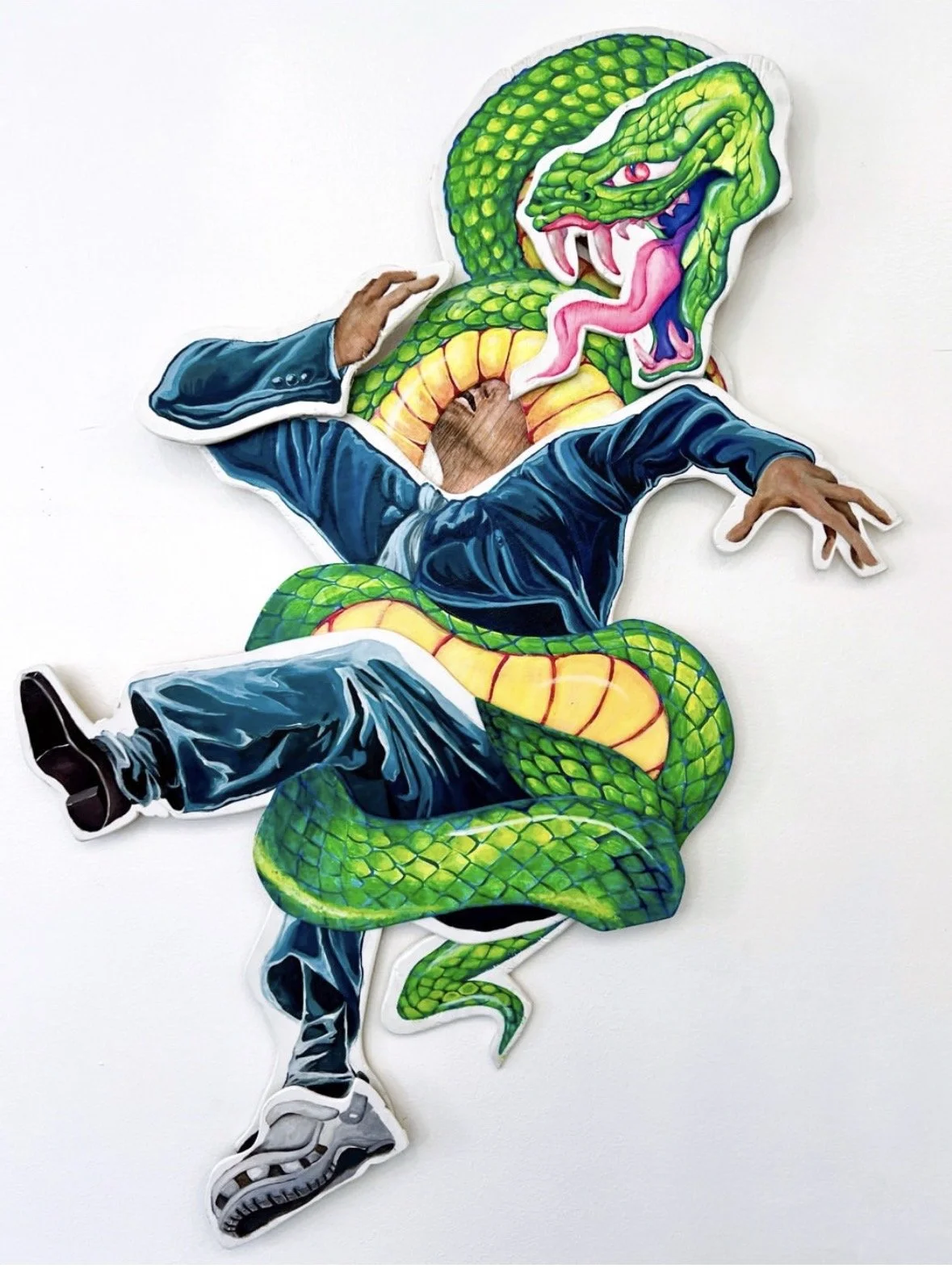 “Slow digestion.”

Taylor Venturini and Tracey Springford

Maneater (Snake)
 2026
 painted wood cutout
 dimensions 5’7” x 3’4”

$1600
