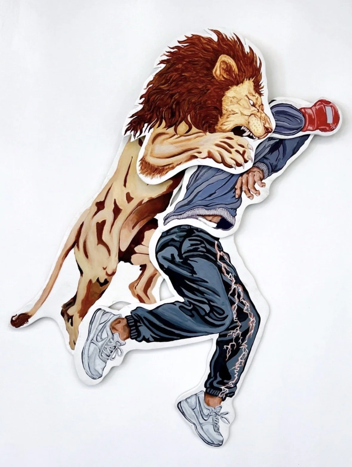 “He had it coming.”

Taylor Venturini and Tracey Springford

Maneater (Lion)
 2026
 painted wood cutout
 dimensions 5’1” x 3’1”

$1600
