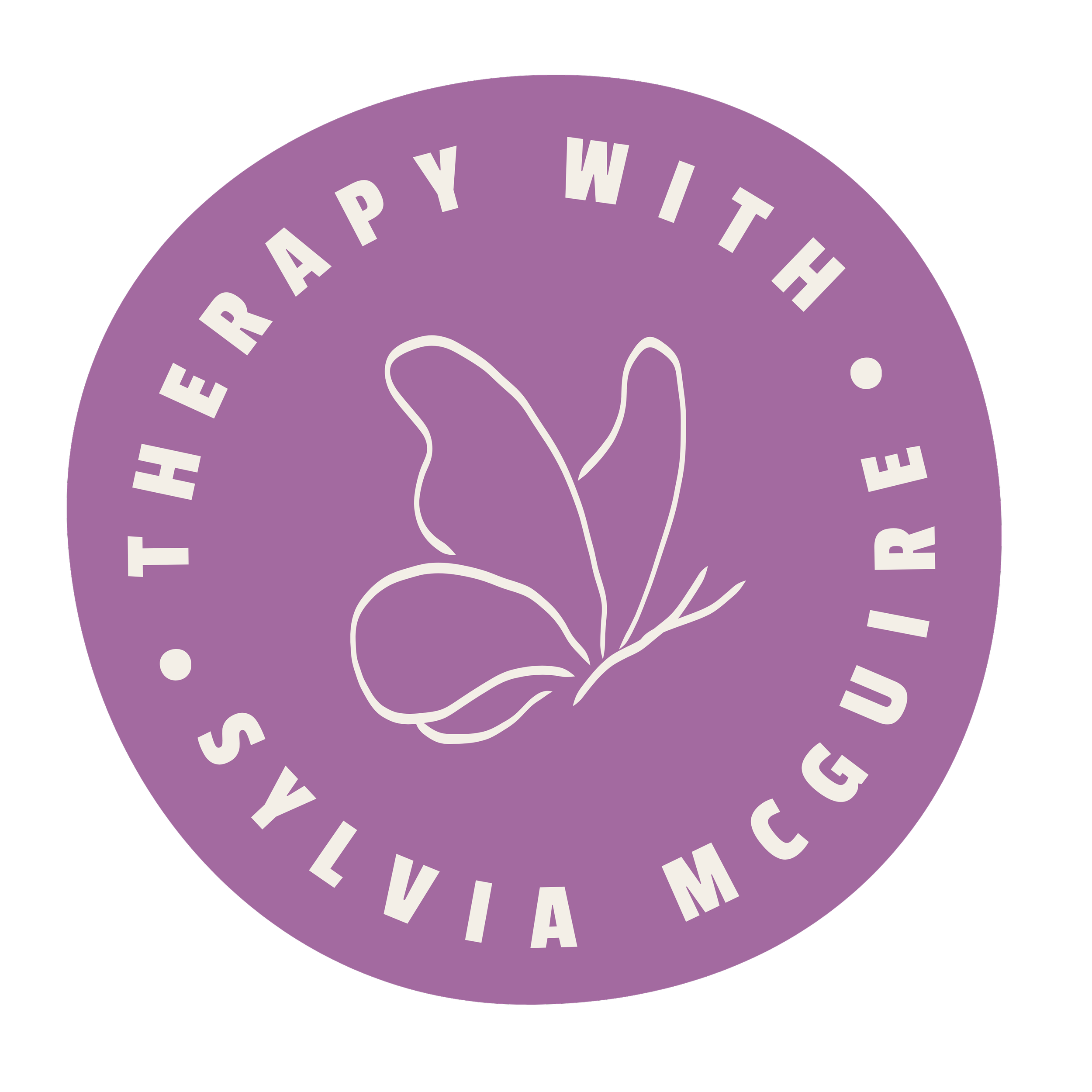 Purple circular badge with white text reading 'THERAPY WITH SYLVIA MCGUIRE"