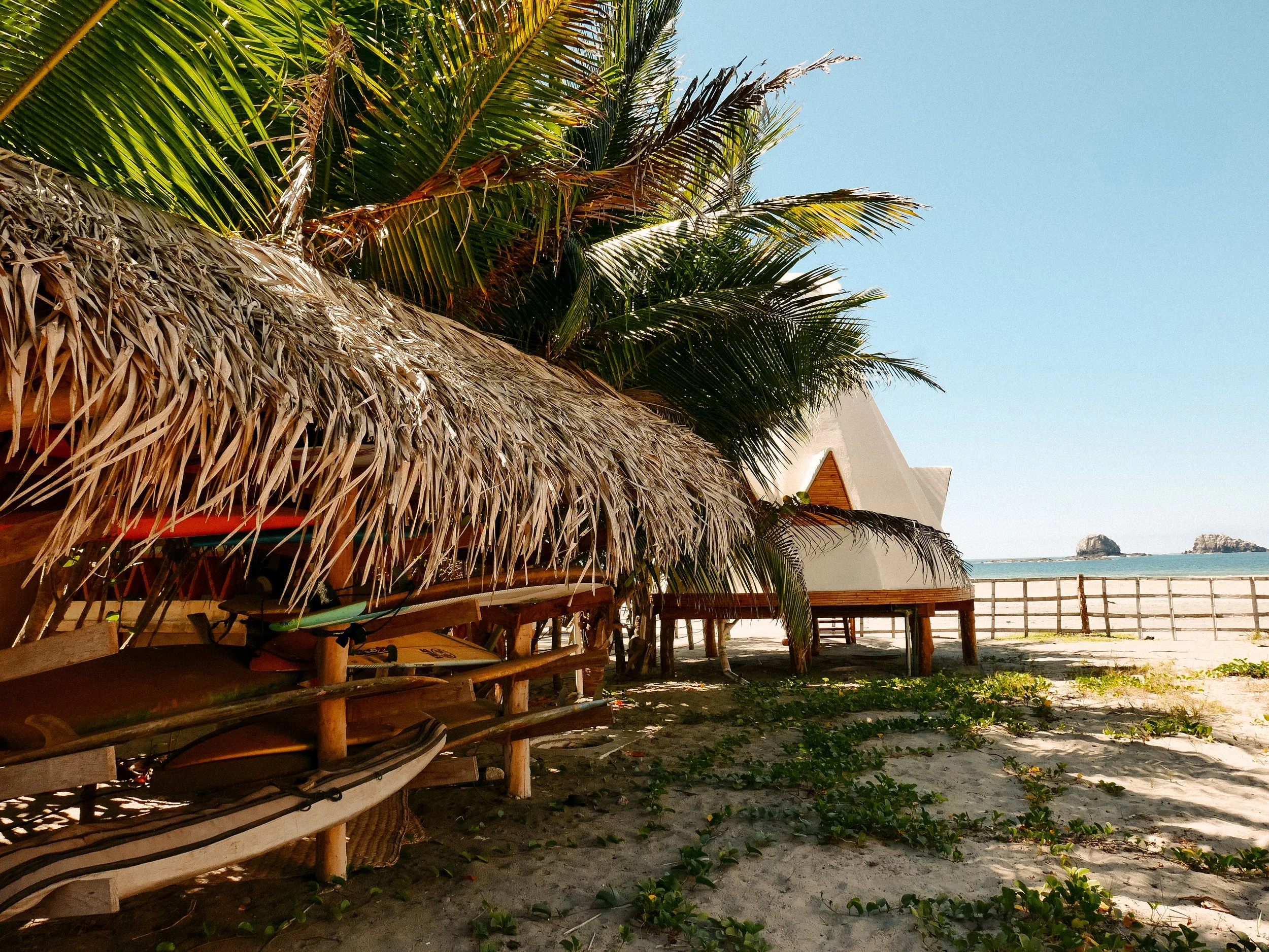 Beachfront housing; Beach scene with a thatched roof hut, surfboards, palm trees, sandy ground with green plants, a wooden fence, and the ocean with rocks in the background.