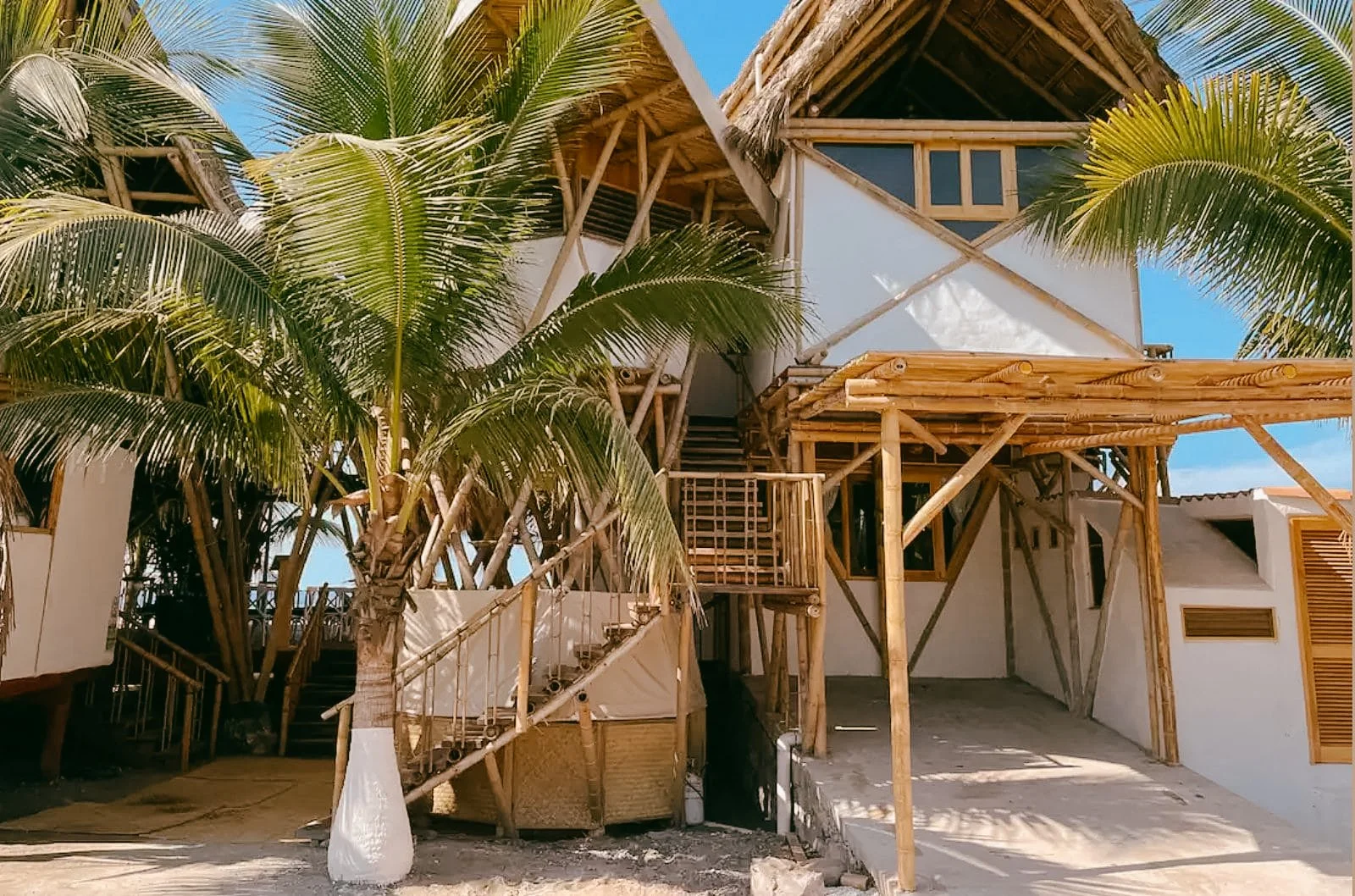 Beachfront housing; A tropical beach house with bamboo and wood construction, surrounded by palm trees, under a blue sky.