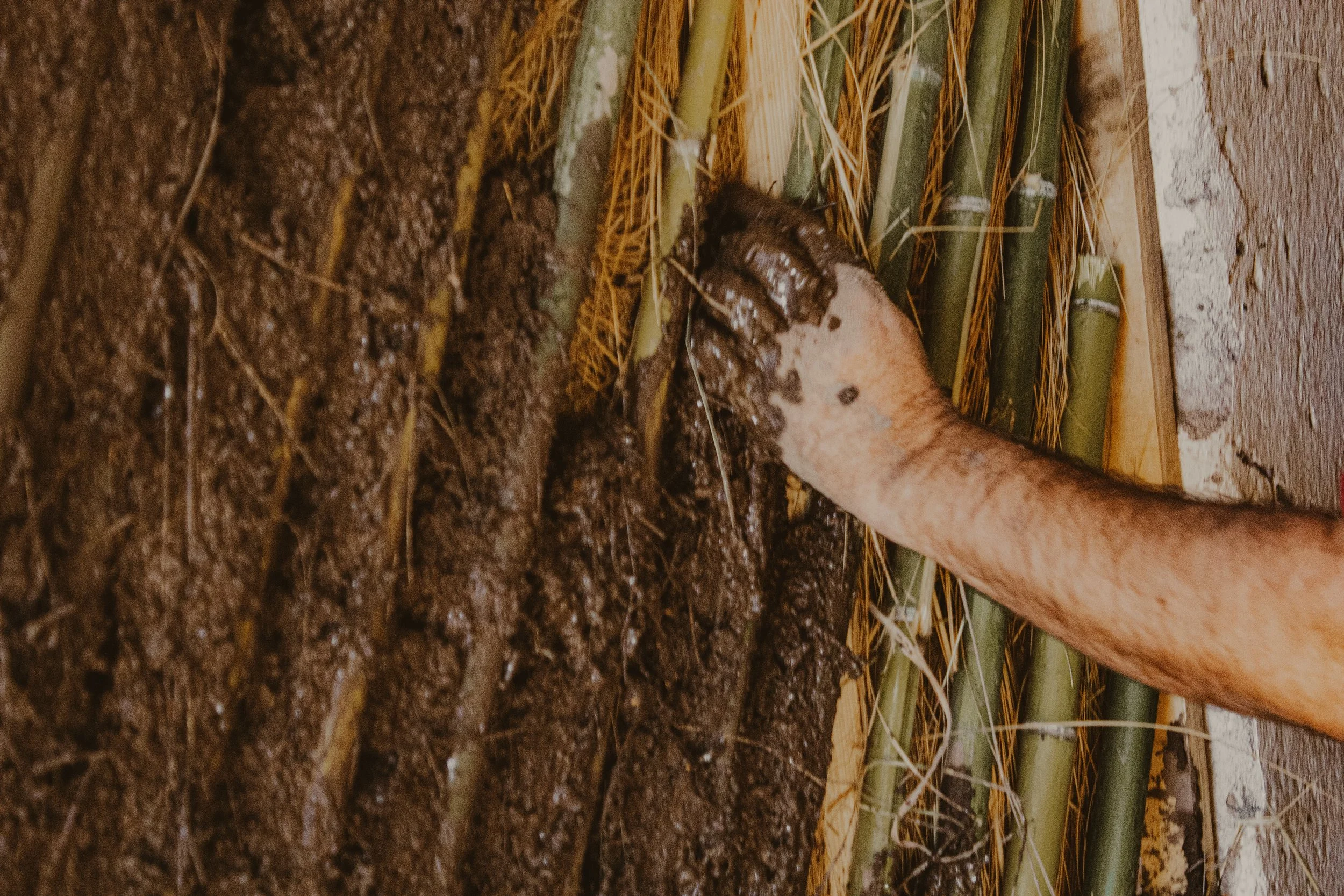 A person adding a mud mixture to bamboo stalks that are attached to a wall, showcasing sustainable building practices.