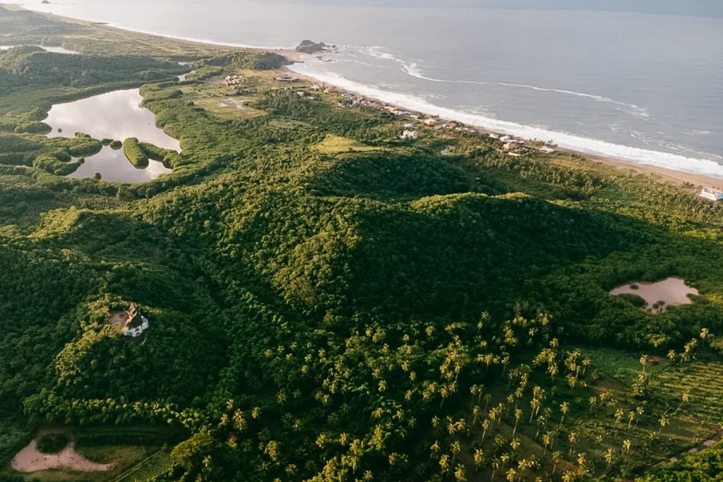 Aerial view of a lush coastal landscape with dense greenery and a beach along the ocean shoreline.